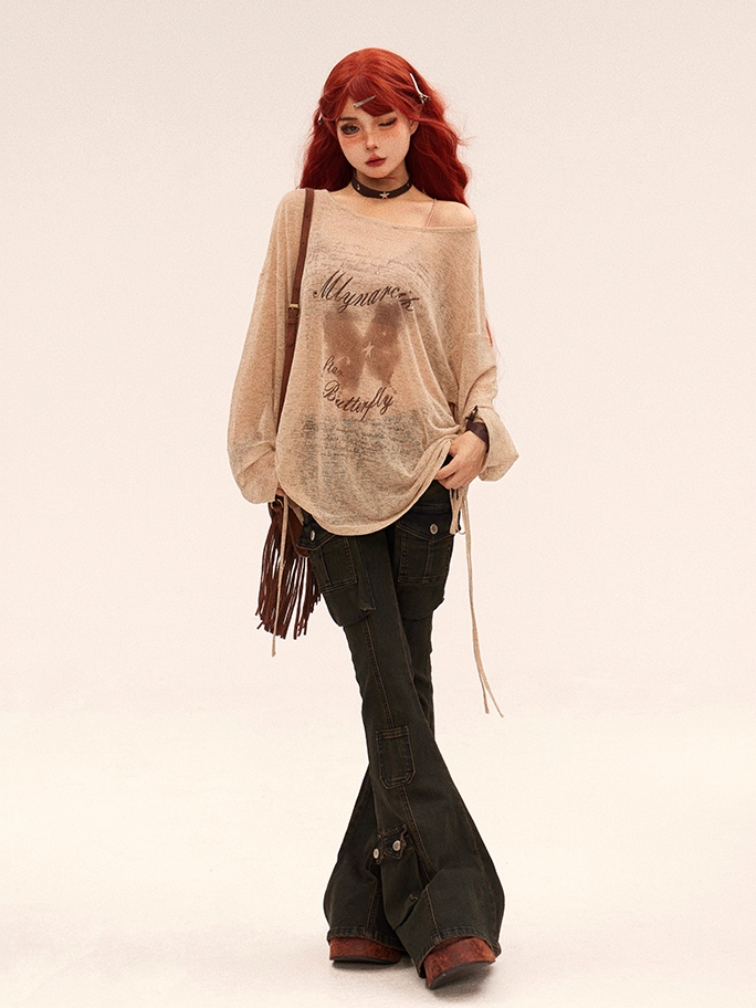 Vintage Butterfly Print Khaki Round Neck Semi-sheer Coverup