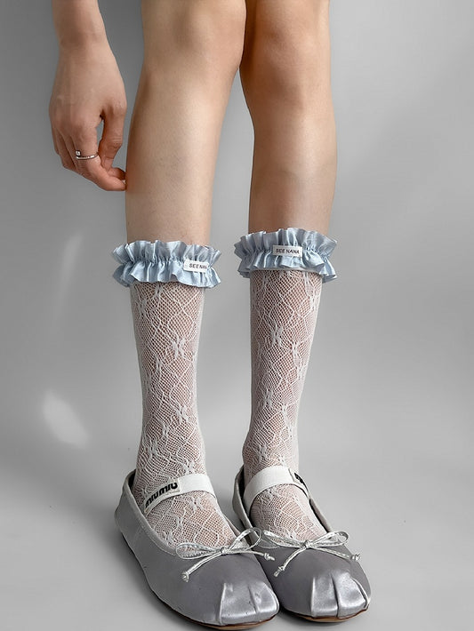 Pink/White/Beige/Blue/Black Floral Details Ruffles Trim Lolita Calf Socks