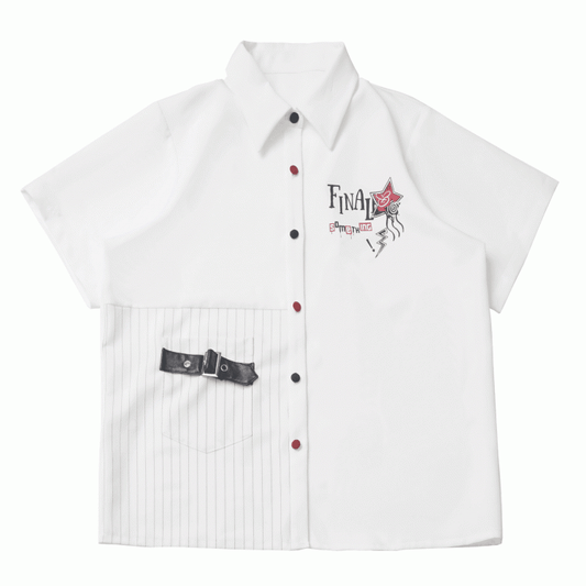 Contrast Red and Black Buttons Leather Buckle Strap White Short Sleeves Shirt Long/Short Version