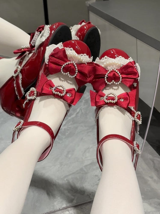 Wine Red Bow at Top Heart Cut-out Heels Mary Janes