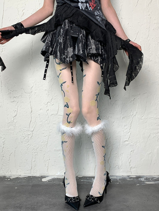 White Y2K Feather Decorated Fishnet Design Underknee Stockings