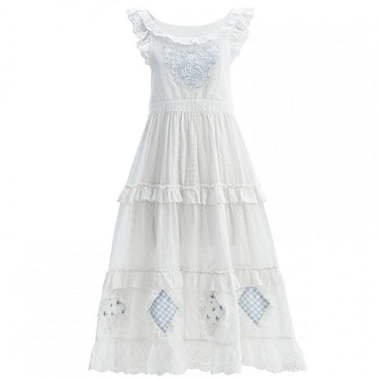 Blue Embroidery Plaid Patch White Flutter Sleeves Lace Trim Tiered Skirt Cutton Overdress