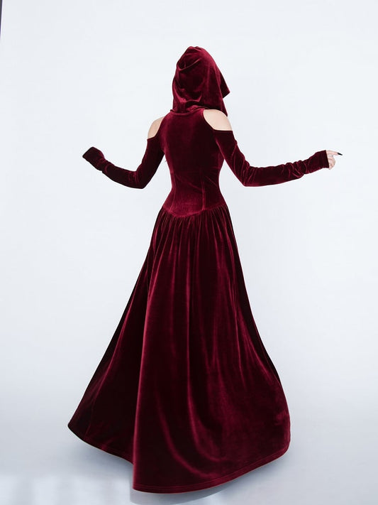 Medieval Witch Red Velvet Cutout Shoulder Gothic Vampire Hooded Dress