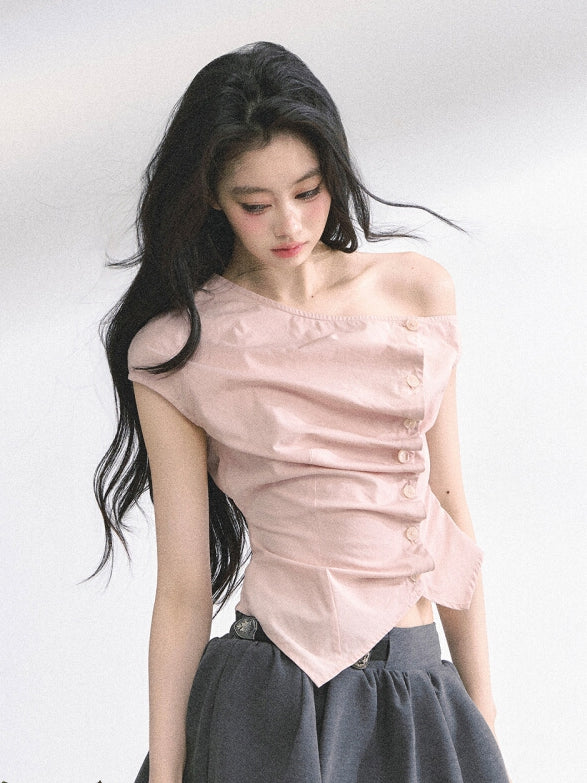 Pink Asymmetrical Neckline Front Button Placket T-shirt Self-tie Bowknot at Back