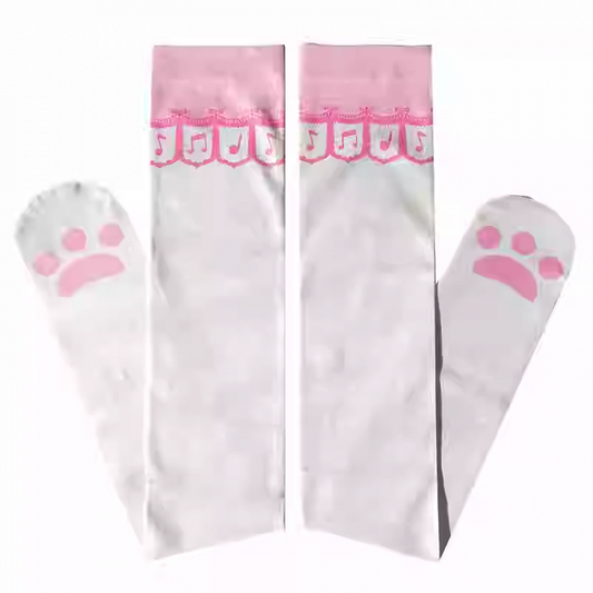 White Cat Paw Pattern Over Knee Stockings