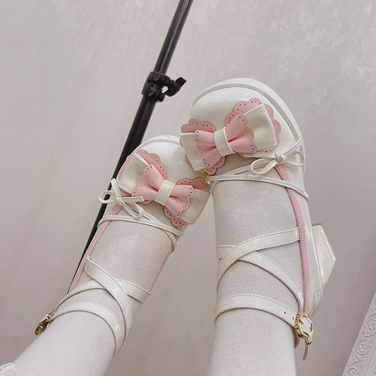 Bow Accents Crisscross Ankle Strap White and Pink Round Toe Sweet Mary Janes