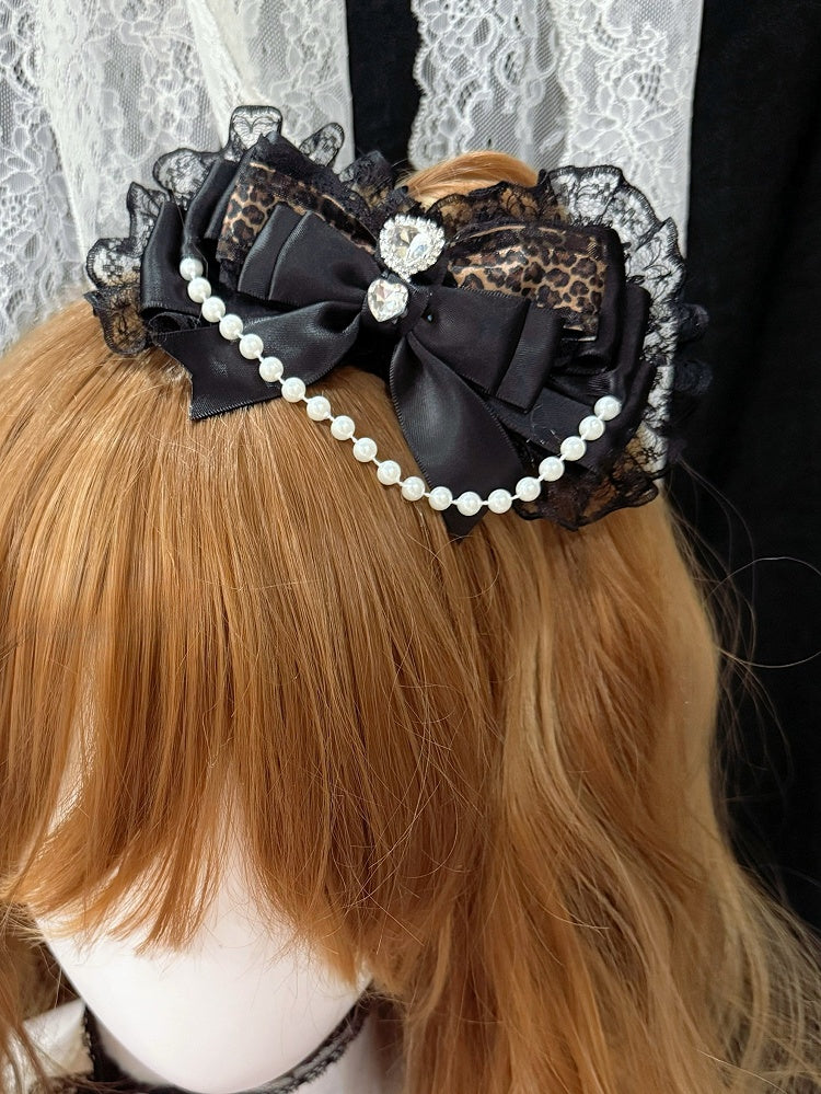 Black Rhinestone Heart Decorated Beaded Charm Leopard Pattern Lace Trim Bowknot Hairclip