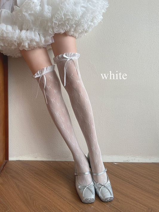White/Light Yellow/Black Bowknot Details Lace Trim Overknee Stockings