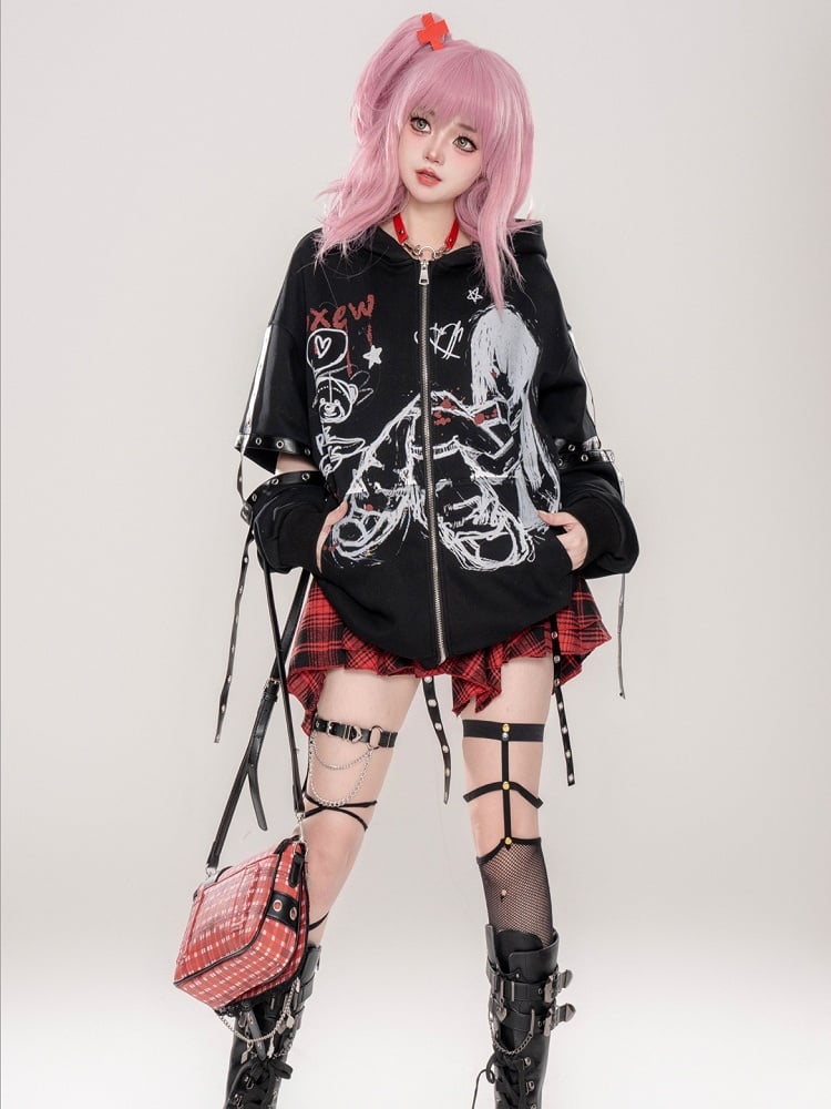 Punk Black/Beige Comic Girl Print Cutout Sleeves Zip Hoodie