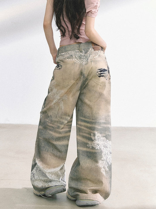 Lace and Distressed Holes Print Blue Faded Wash Distressed Wide-leg Jeans