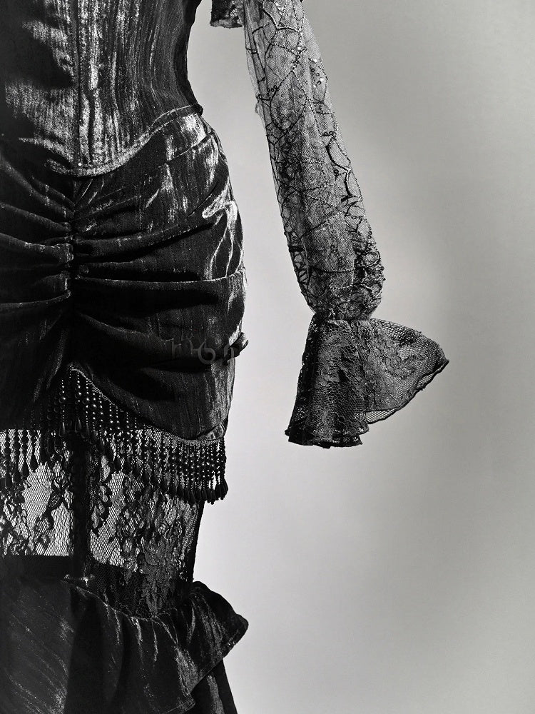 Halloween Gothic Black Cropped Velvet Top Bishop Lace Sleeves