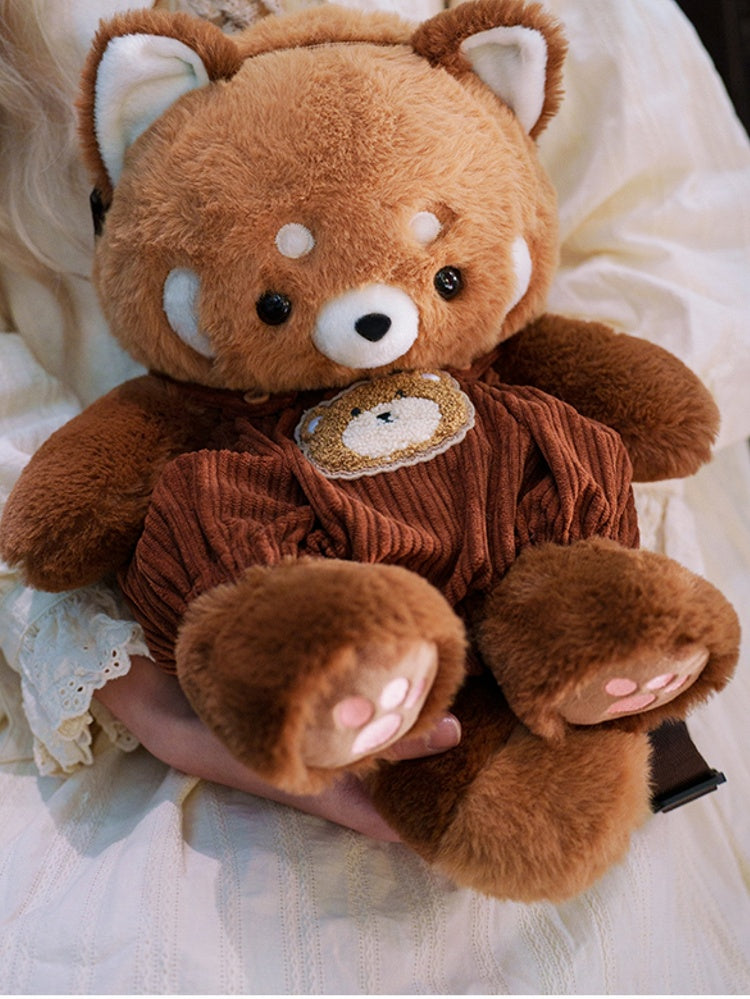 Brown Cute Plush Red Panda Backpack + Overall Pants Middle/Large Size