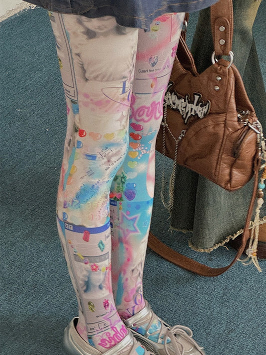 White Y2K Barbie Print Tights