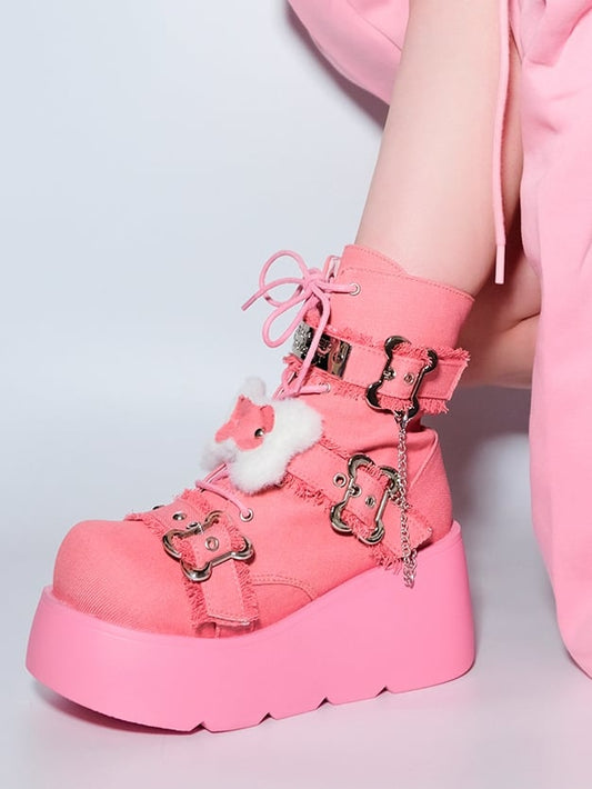 Buckle Straps Plush Bone Decorated Denim Pink Punk Platform Boots