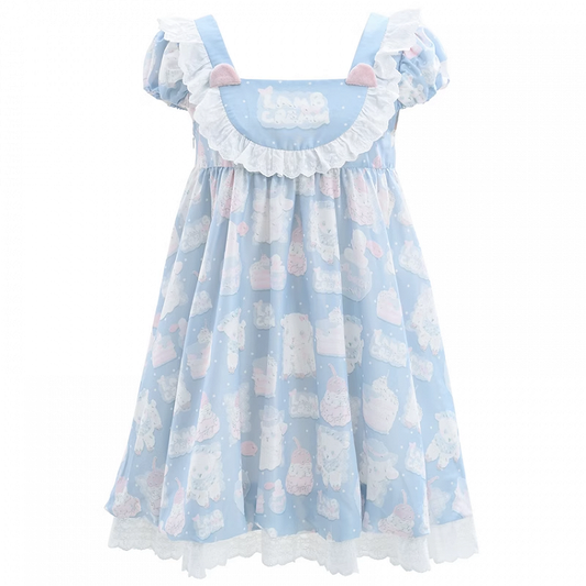 Blue Square Neck Puff Sleeve Adorable Lamb Print Sweet Lolita Dress
