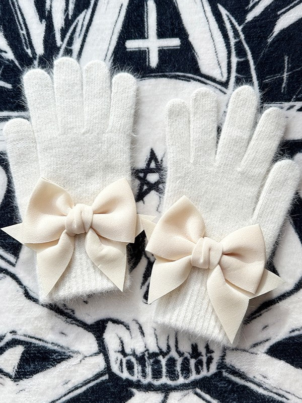 White Gothic Bowknot Cutout Details at Finger Pads Gloves