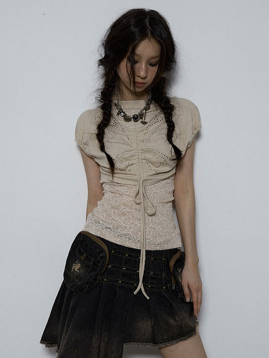 Floral Design Light Khaki Butterfly Jacquard Top