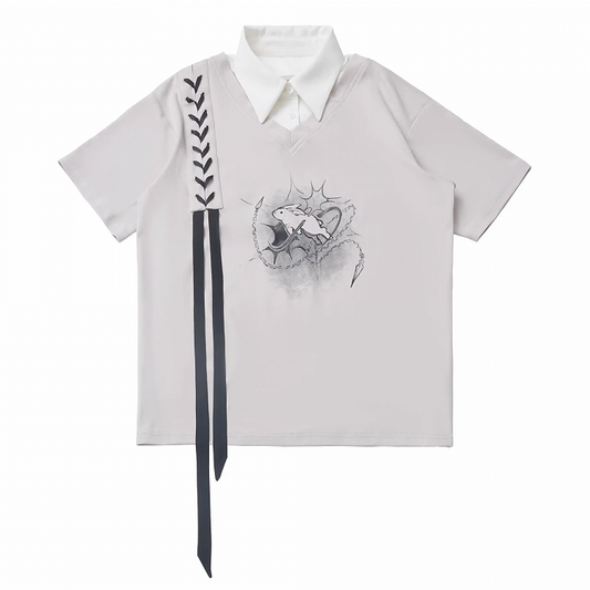 Clearance-Size S for Bust 110CM Gray Bunny Print Faux Two-pieces T-Shirt