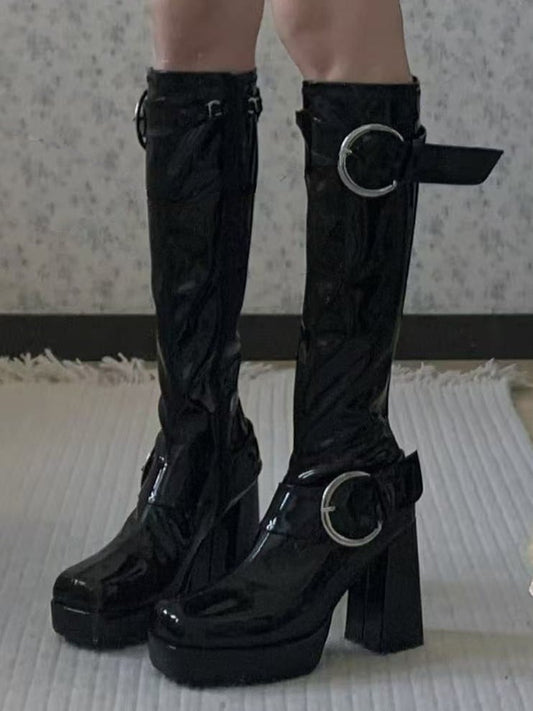 Knee-Length Polished Black Boots - Square Toe Platform with Decorative Buckles & Inner Zipper