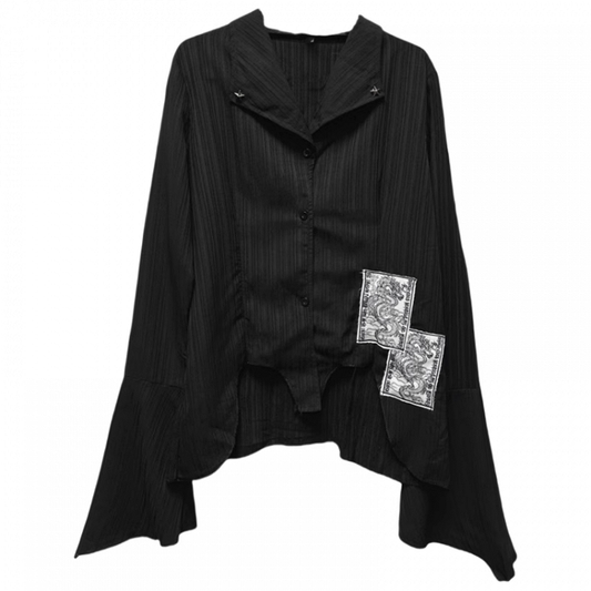 Black Notched Collar Bell Sleeves Punk Appliques Asymmetrical Shirt