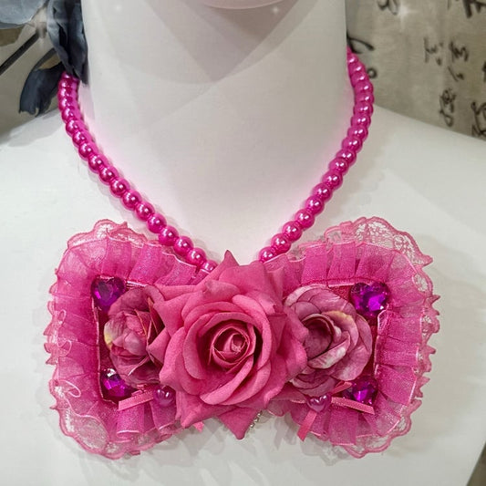 Light/Dark Pink Rhinestone Decorated Lace Trim Bowknot Pendant Beaded Necklace