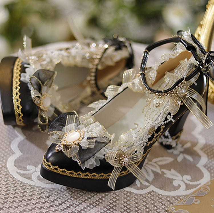 Black & Gold Floral Design Crystal Embellished 6CM/8CM Lolita High Block Heels