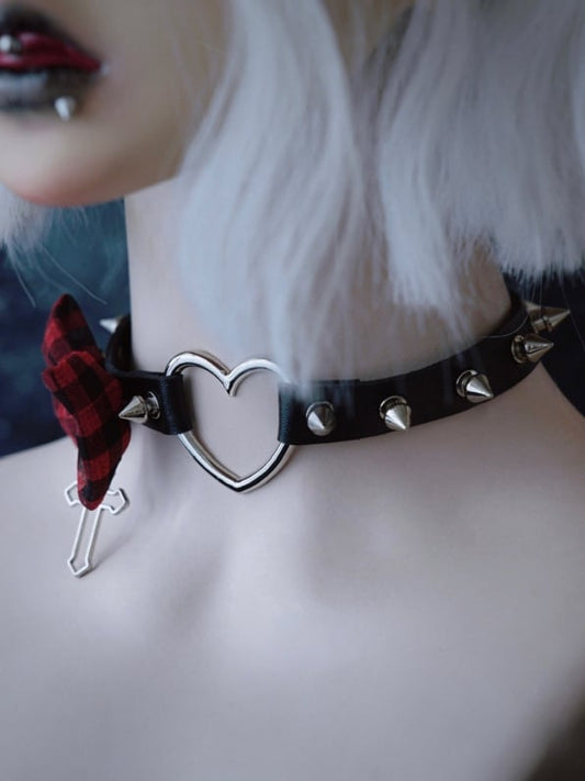 Black And Red Plaid Pattern Bowknot With Cross Pendant Heart Buckle Choker