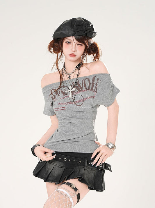 Off-the-shoulder Neckline Letter Print Gray/Navy Blue Slim-fitting T-shirt