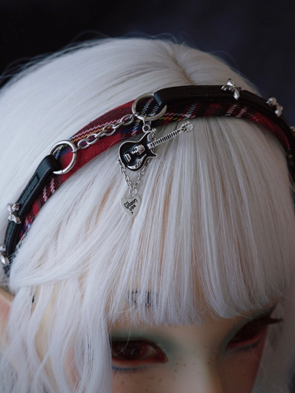 Red And Black Plaid Pattern With Chain And Guitar Charm Design KC