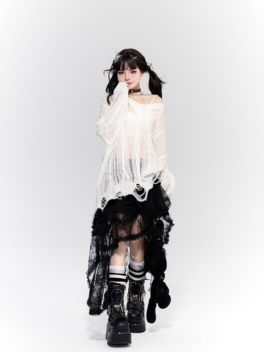 Black Asymmetrical Hem Tiered Lace Skirt