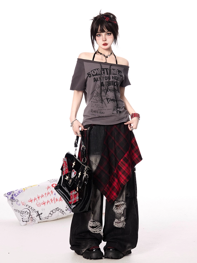 Self-tie Asymmetrical Neckline Gray/Apricot Colorblock Design Graphic T-shirt