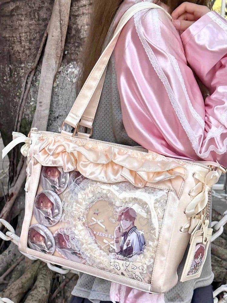 Yellow Satin Ruffle Trims Self-tie Straps Ita Bag With Bow Card Holder