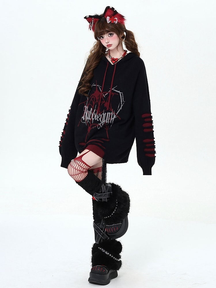 Black and Red Gothic Spiderweb Distressed Holes Hooded Sweater