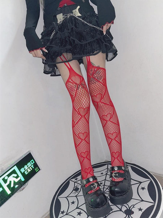 Black/Red Heart Print Punk Fishnet Tights