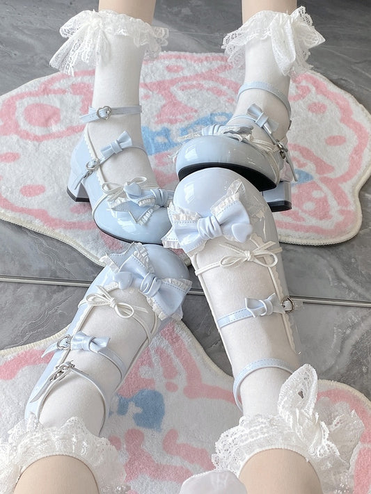 Blue Ruffle Trim Decorated Bow at Top 3.5CM Sweet Lolita Block Heel Mary Janes