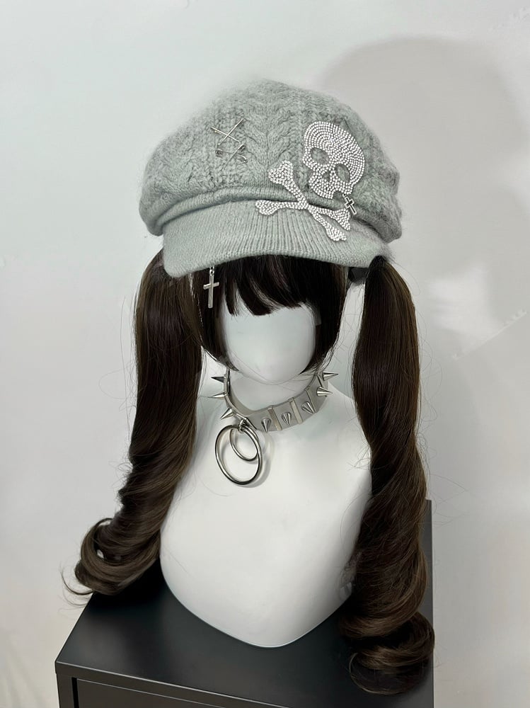 Grey Skeleton Cross Knitted Beret