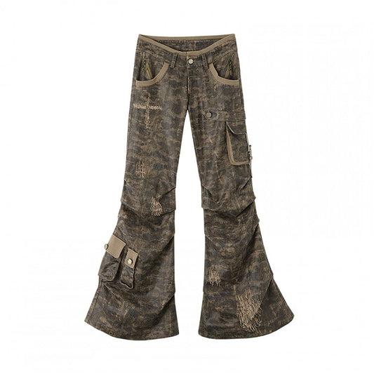 Dusty Grey Camo Low-waist Distressed Design Flared Cargo Pants