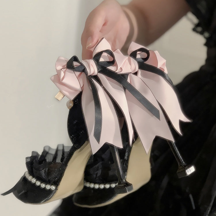 Black & Pink Bowknot and Beaded Chain 5CM/8CM Lolita High Heels