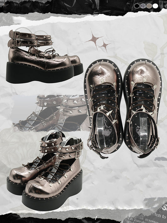 Front Lace-up Spike Stud Detailing Metallic Color Punk Lolita Platforms