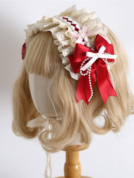 Red&Pink Sweet Lolita Beaded Decorated Bowknot Details Ruffled Hairband