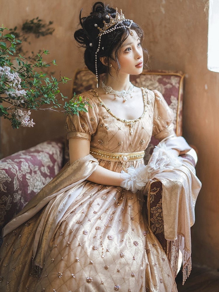 Allover Beaded Design Champagne Diamond Pattern Empire Waist Elegant Lolita One Piece Long/Short Version