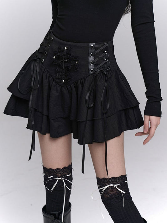 Black Lace-up Waist Studded Lace Cross Tiered Skirt