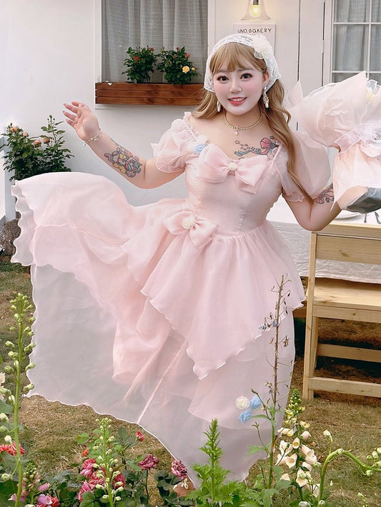 Plus Size Bowknot Details Light Pink Puff Sleeves Princess Dress Long Version