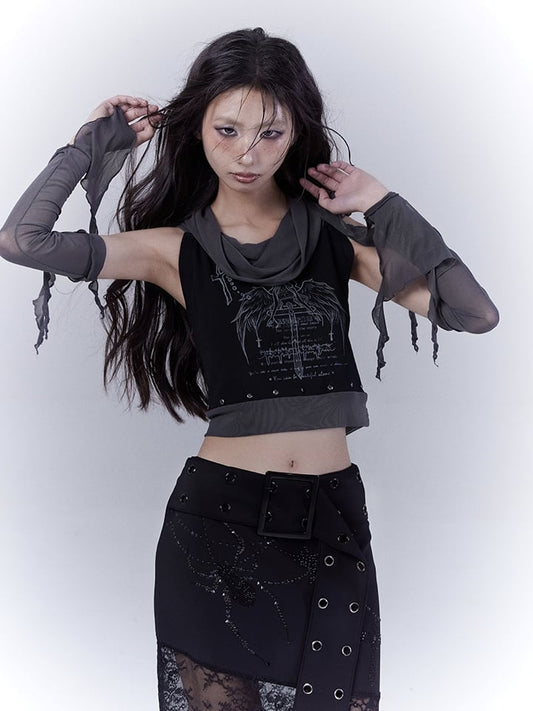 Black Cross Wing Print Punk Studded Sleeveless Top with Free Armwear