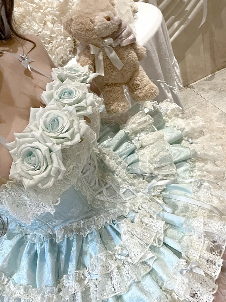 Blue Rose-Embellished Basque Waist Balletcore Dress with Ruffled Layers