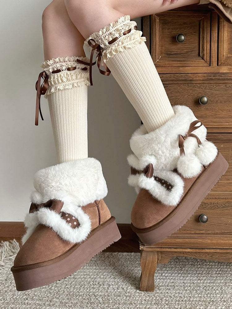 Sweet Lolita Dark Brown Platform Snow Boots - Plush Polka Dot Bunny Ears, Furry Lining & Pompoms Charm Self-Tie Straps