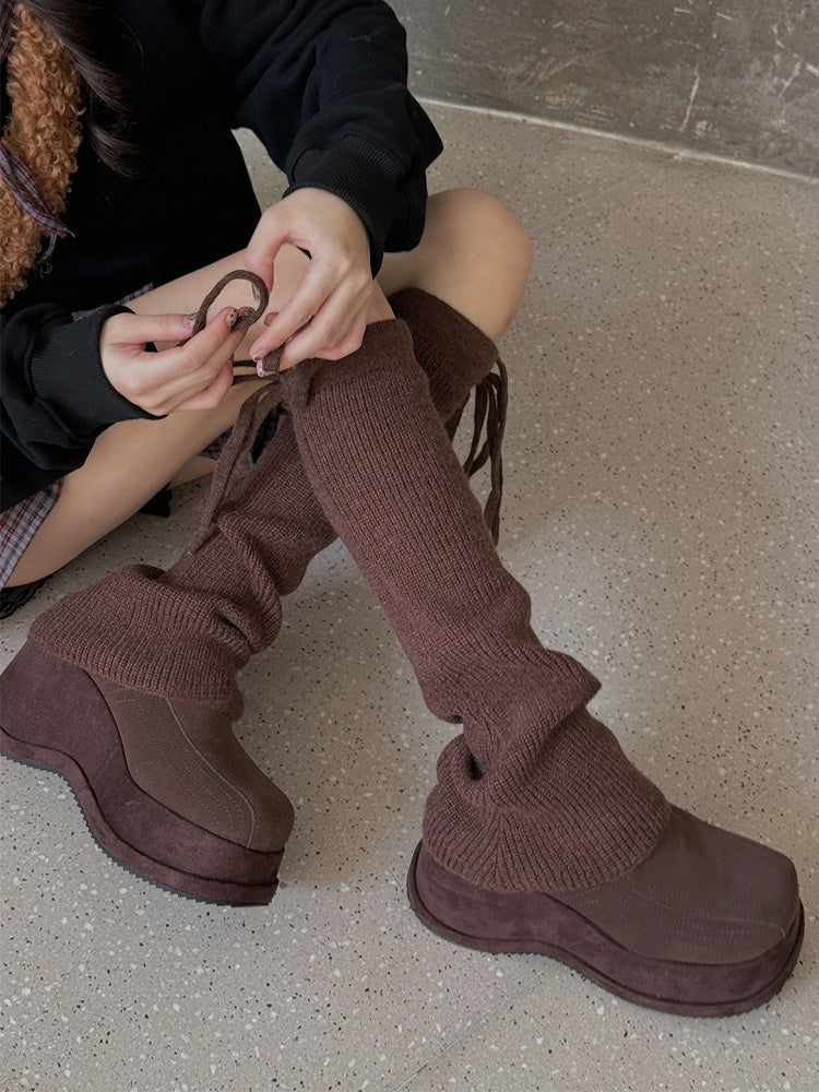 White/Light Grey/Black/Coffee/Khaki Self-tie Straps Knitted Leg Warmers