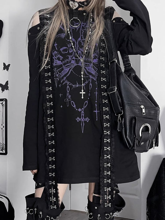 Black&Purple Emo Punk Cutout Shoulder Skeleton And Letter Print Long Sleeves Top