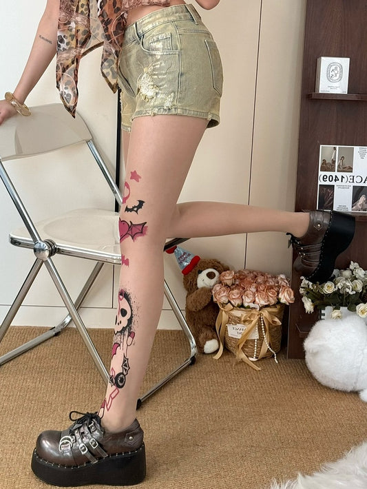 Nude Y2K Skeleton Bone And Heart Print Bittersweet Tights