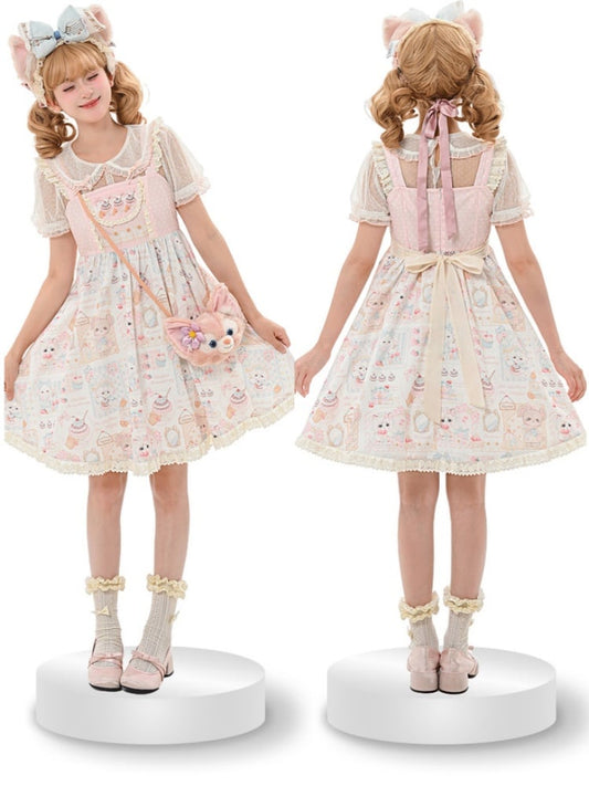 Pink Flutter Sleeves Kitten and Cake Print Sweet Lolita Dress Jumper Skirt